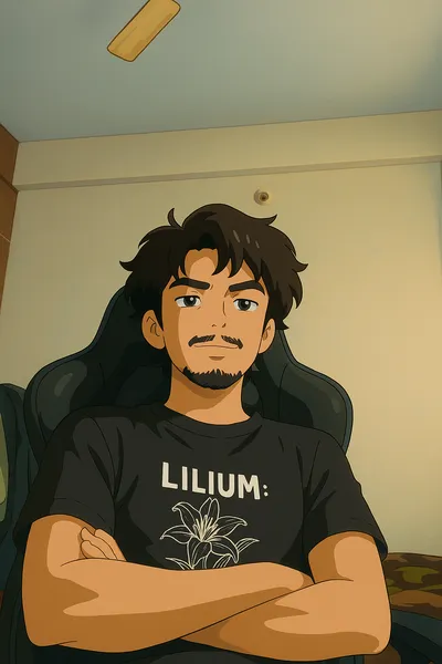 An illustrated portrait of Divyanshu, arms folded, in a black t-shirt.