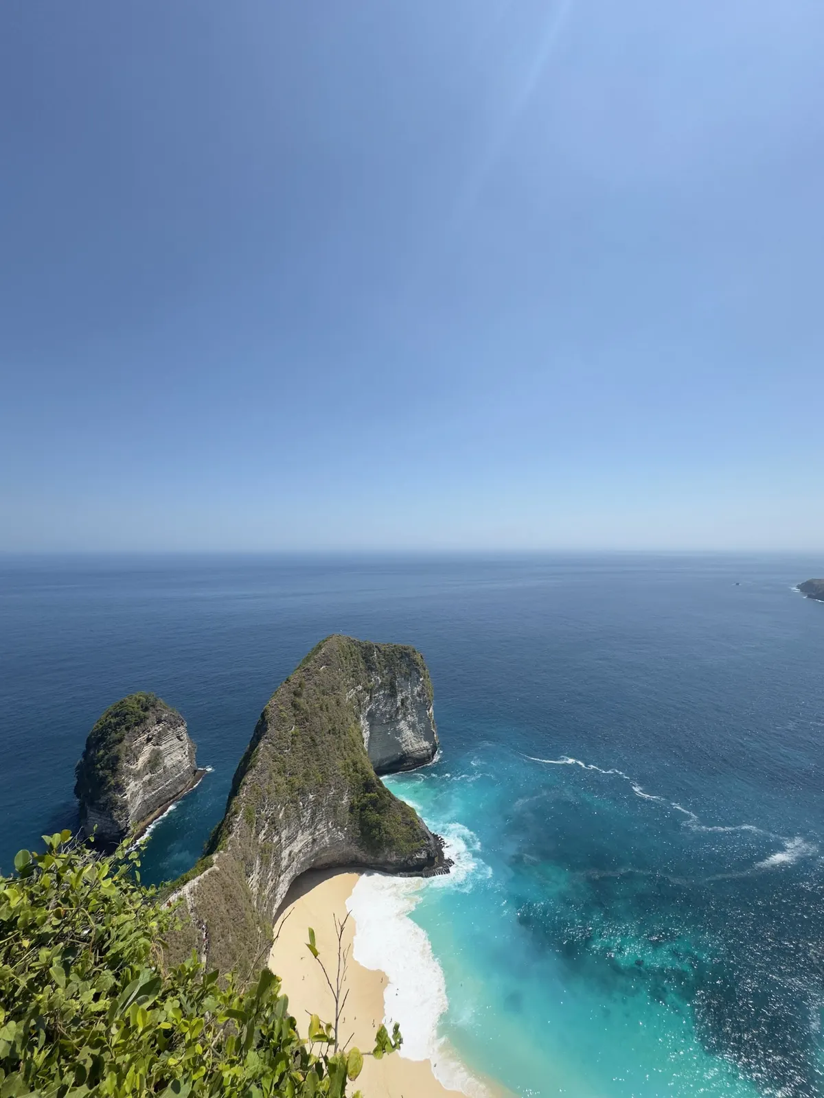 Looking down on Kelingking Beach: a steep green headland running out into turquoise water, a curve of white sand below and open sea to the horizon.
