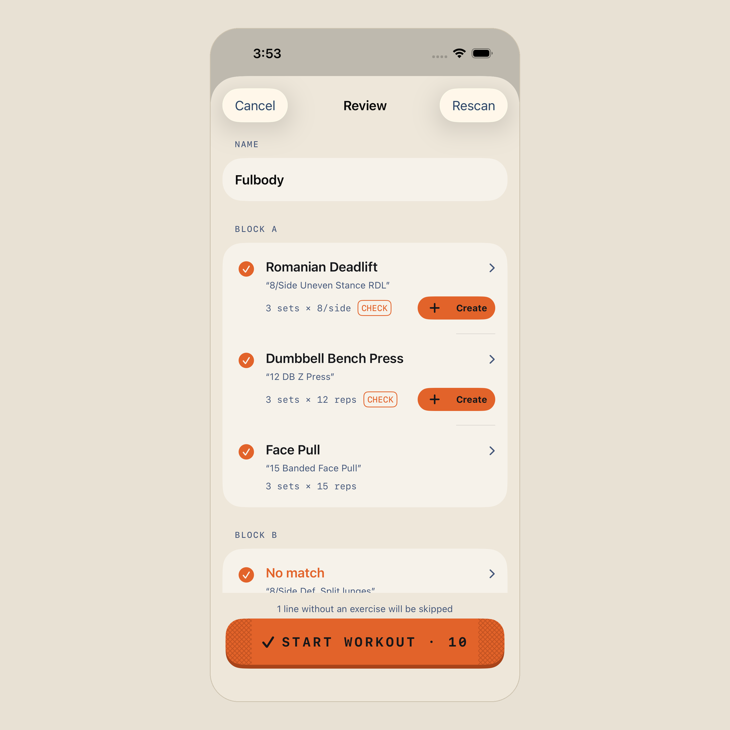 The scan review screen: whiteboard lines grouped under Block A, matched to exercises, with CHECK tags and Create buttons on uncertain matches