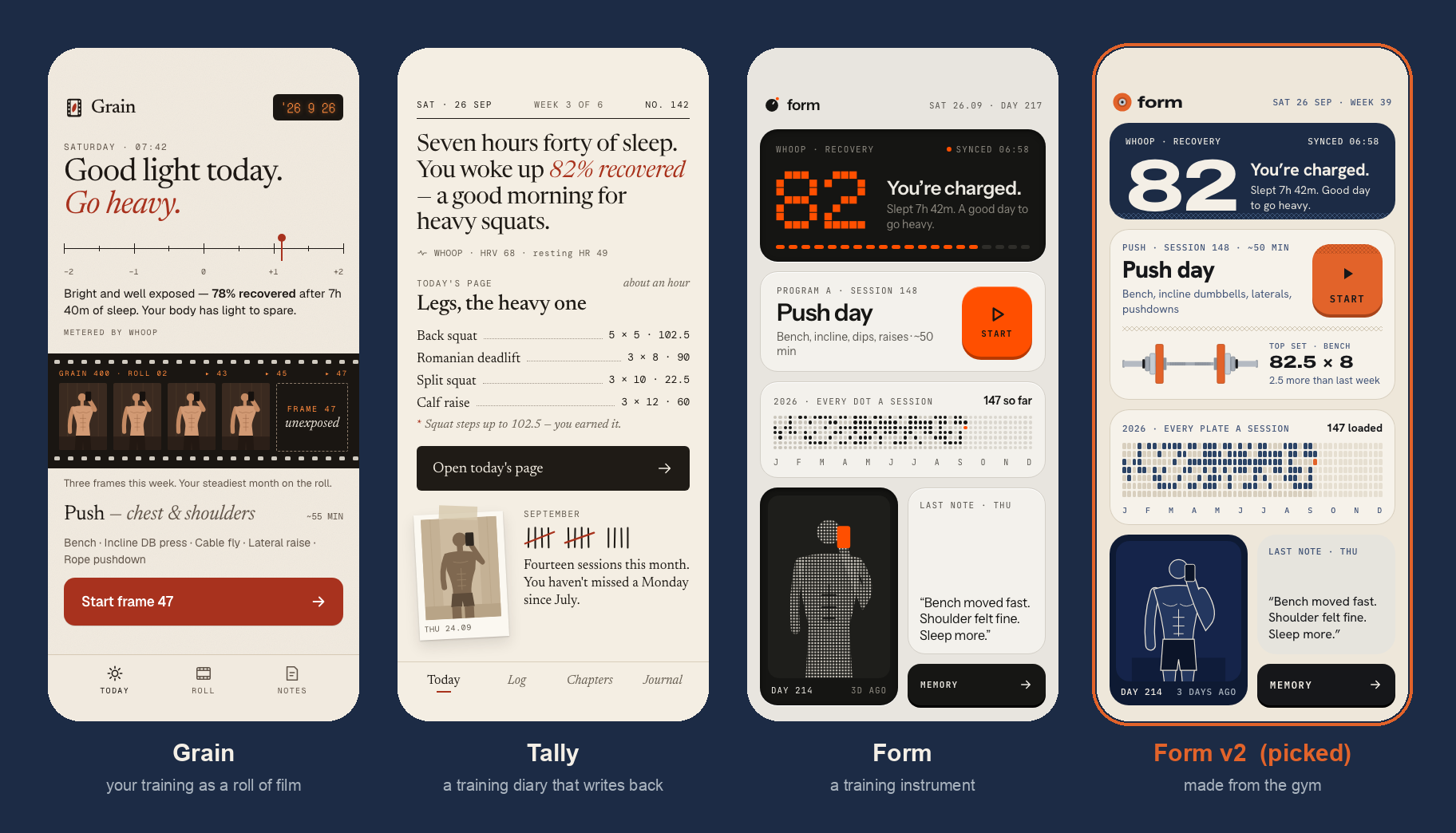 The four design directions mocked up before any code: Grain, Tally, Form and Form v2, which I picked