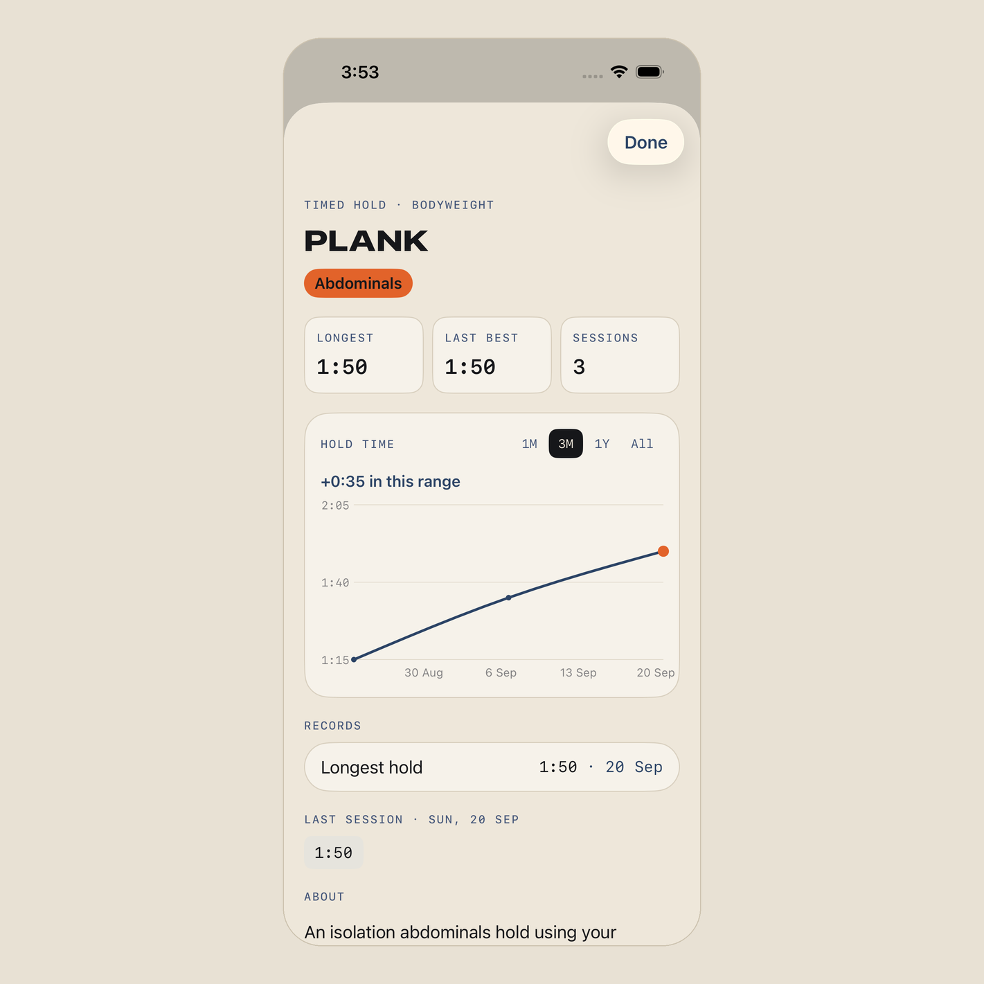 The plank screen: longest hold, hold time rising from 1:15 to 1:50, and the dated record