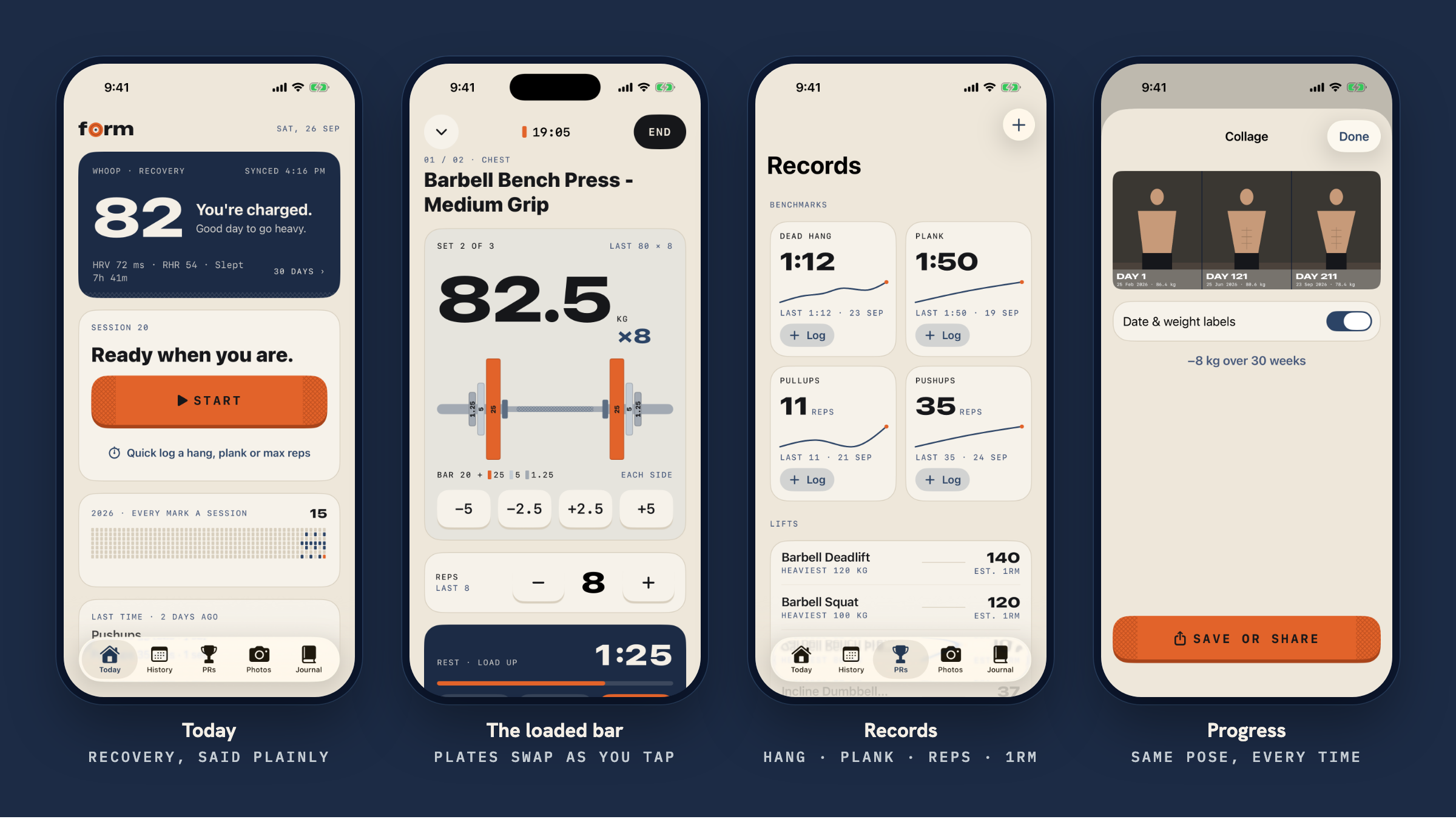 Form's first build: the Today screen with WHOOP recovery, the loaded-bar workout screen, the records tab and the progress photo collage